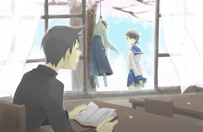 1girl, 2boys, black_hair, book, cherry_trees, desk, fuura_kafuka, gakuran, hair_ornament, hairclip, hanging, itoshiki_nozomu, japanese_clothes, kimono, kudou_jun, monochrome, multiple_boys, raikou_(symposion), sayonara_zetsubou_sensei, school_uniform, serafuku, short_hair, skirt