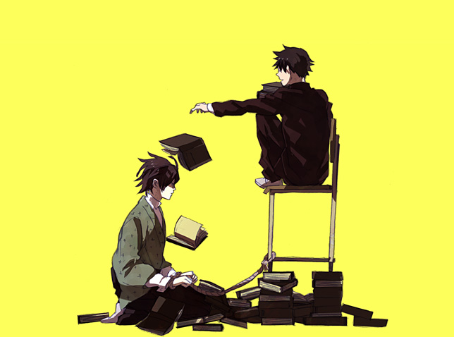 2boys, black_hair, book, gakuran, glasses, itoshiki_nozomu, japanese_clothes, kimidori_(mb4)
