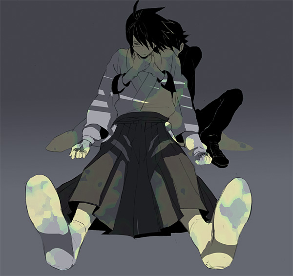 2boys, asphyxiation, black_hair, choking, gakuran, glasses, hug, hug_from_behind