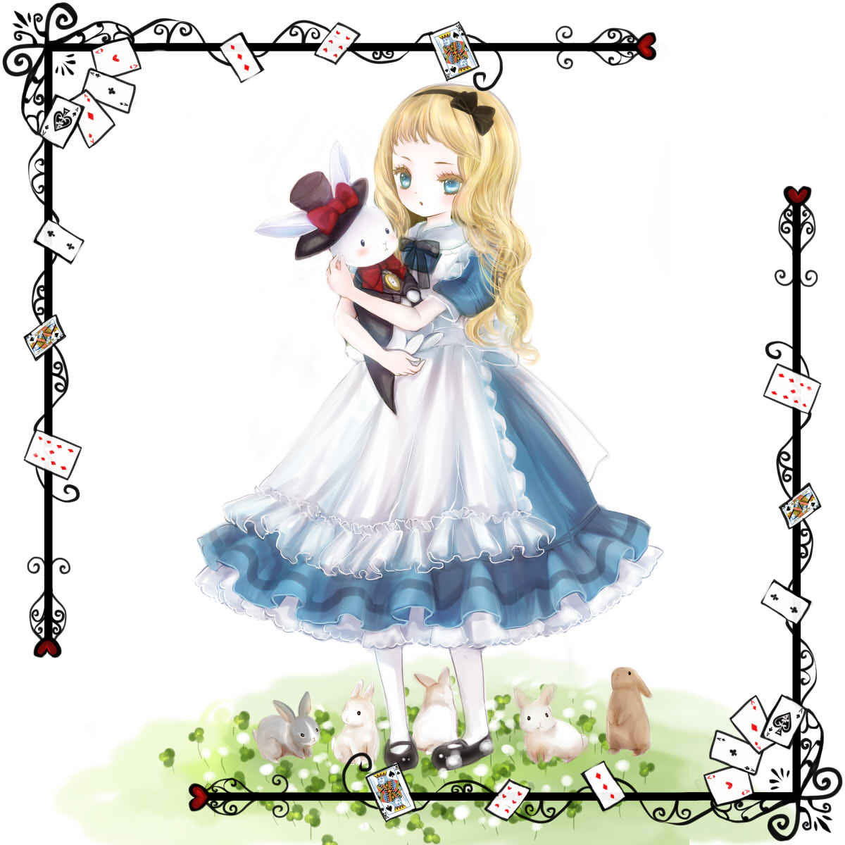 1girl, alice_(wonderland), alice_in_wonderland, blonde_hair, blue_eyes, card, dress, hair_ribbon, hat, highres, himemurasaki, long_hair, mary_janes, playing_card, rabbit, ribbon, shoes, simple_background, solo, stuffed_animal, stuffed_bunny, stuffed_toy, white_background, white_legwear