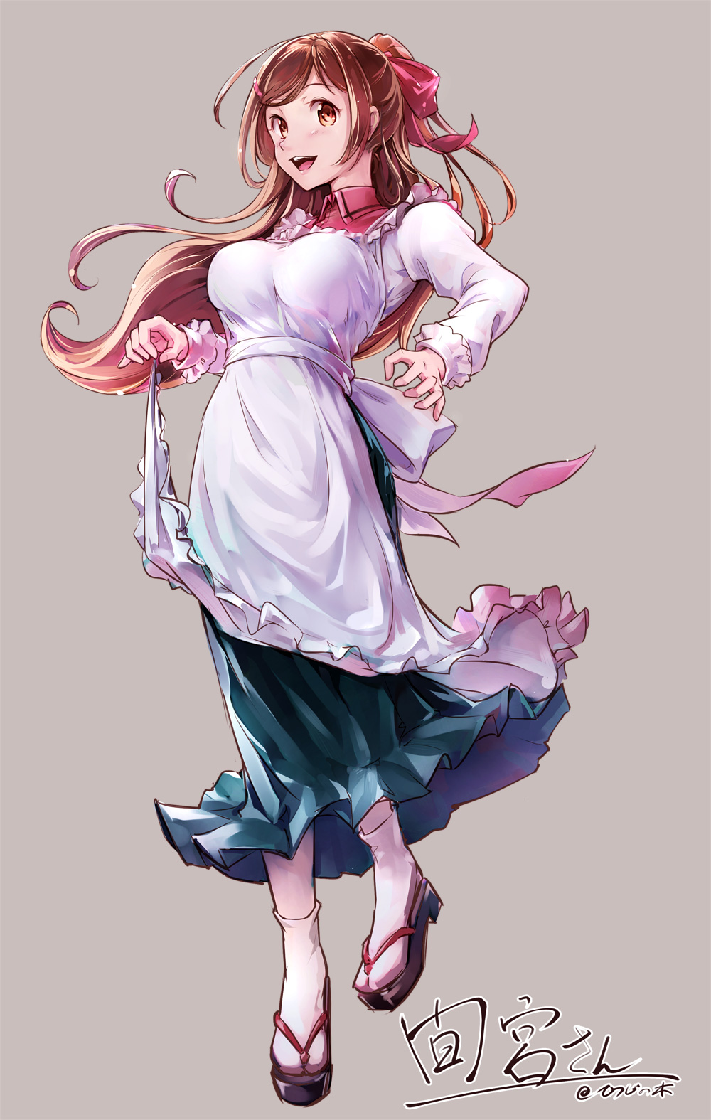 1girl, brown_eyes, brown_hair, dress, hair_ribbon, highres, kantai_collection, kappougi
