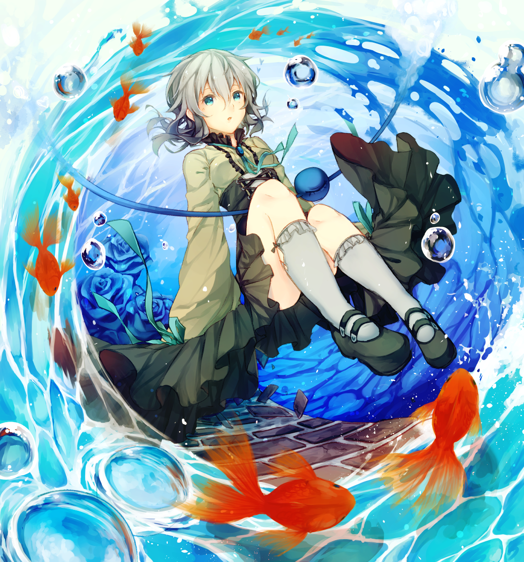 1girl, :o, blue_eyes, blue_rose, bubble, corset, dress, fish