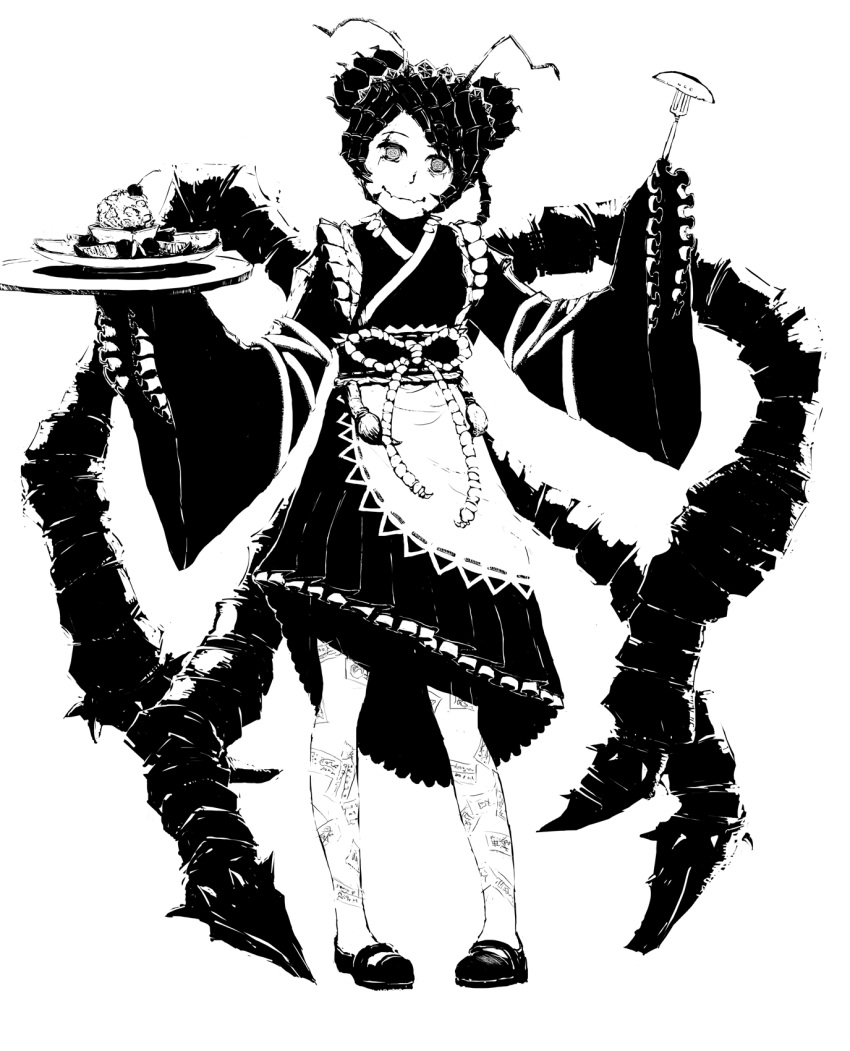 double_bun, entoma_vasilissa_zeta, highres, insect_girl, maid, monochrome, ofuda, overlord_(maruyama)