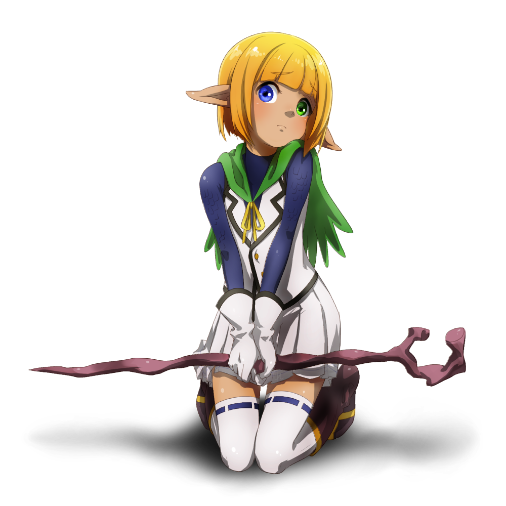 1boy, blonde_hair, boots, crossdressinging, dark_elf, elf, gloves, heterochromia, komuzuka, mare_bello_fiore, otoko_no_ko, overlord_(maruyama), pointy_ears, seiza, sitting, skirt, staff, thigh-highs