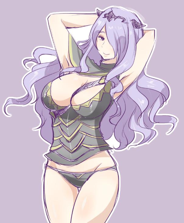 armpits, arms_behind_head, breasts, camilla_(fire_emblem_if), cleavage, fire_emblem, fire_emblem_if, hair_over_one_eye