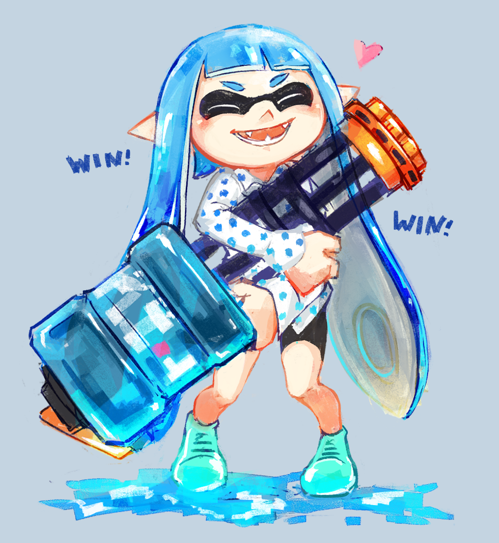 1girl, bike_shorts, blue_hair, blush, breasts, chanmi, cleavage, collared_shirt, domino_mask, fangs, gatling_gun, gun, happy, heart, hug, inkling, long_hair, mask, paint, pointy_ears, shirt, solo, splatoon, tentacle_hair, weapon