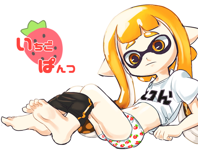 1girl, bike_shorts, bike_shorts_pull, clothes_writing, domino_mask, feet, food, fruit