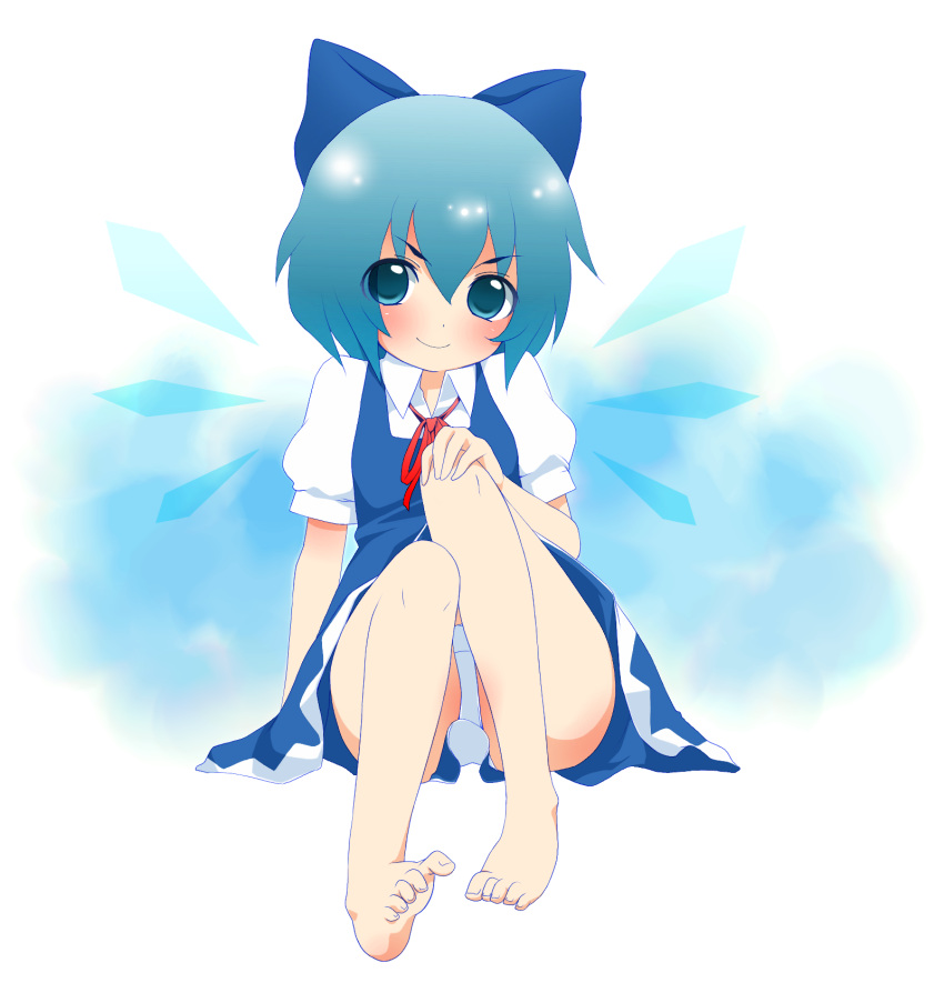 barefoot, blue_eyes, blue_hair, bow, cirno, feet, hair_bow, highres