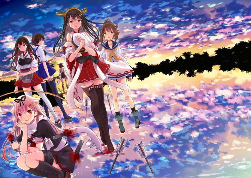 6+girls, akagi_(kantai_collection), arrow, back-to-back, bare_shoulders, black_legwear, black_serafuku, black_skirt