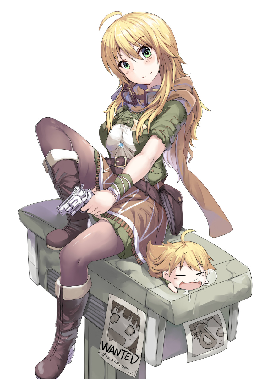 2girls, absurdres, afuu, ahoge, blonde_hair, breasts, green_eyes, gun