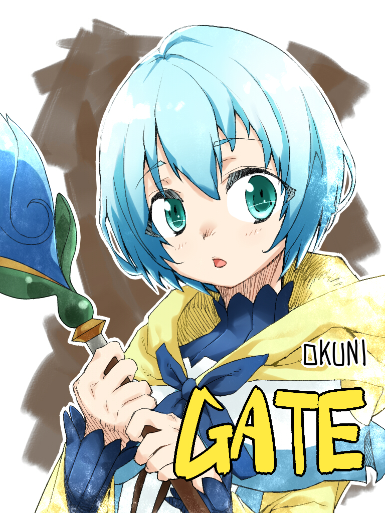 1girl, 375tak, aqua_eyes, blue_hair, copyright_name, gate_-_jieitai_ka_no_chi_nite_kaku_tatakaeri, lelei_la_lalena, short_hair, signature, solo, staff, upper_body
