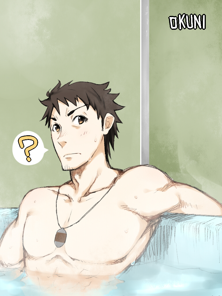 1boy, 375tak, ?, bathing, brown_eyes, brown_hair, dog_tags, facial_hair, gate_-_jieitai_ka_no_chi_nite_kaku_tatakaeri, itami_youji, male_focus, nude, partially_submerged, short_hair, signature, solo, spoken_question_mark, stubble, water