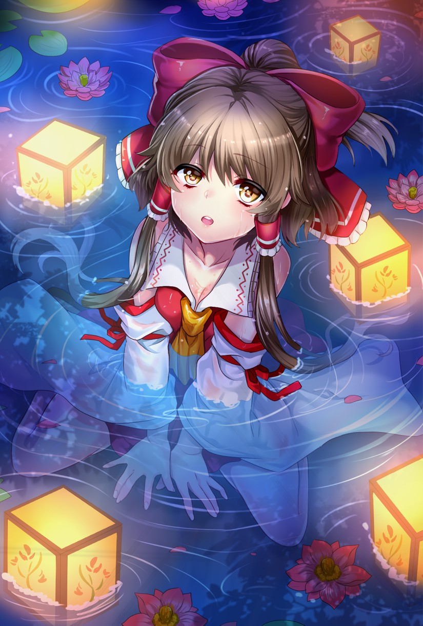 1girl, bow, breasts, brown_eyes, brown_hair, cleavage, collarbone, detached_sleeves