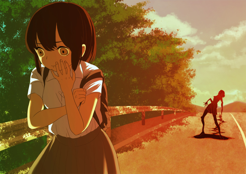 backlighting, backpack, bag, blood, blood_trail, brown_eyes, brown_hair, clenched_hand