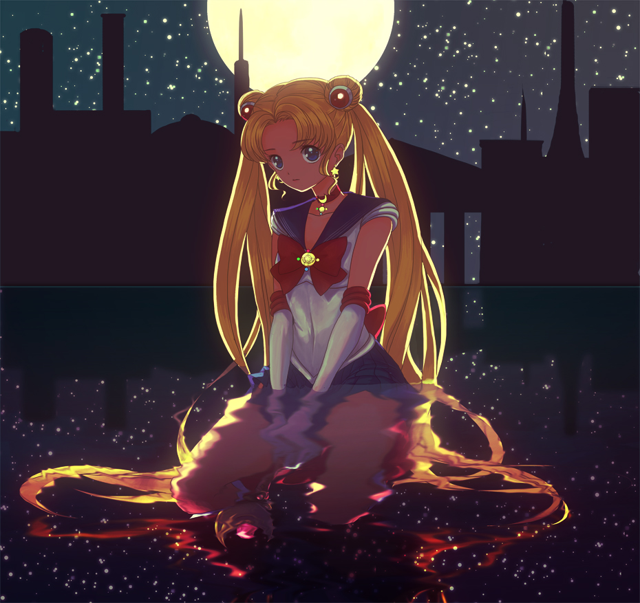 backlighting, bishoujo_senshi_sailor_moon, blonde_hair, blue_eyes, brooch, building, choker, double_bun, earrings, elbow_gloves, gloves, hair_ornament, jewelry, long_hair, miniskirt, moon, nakakore, partially_submerged, reflecting_pool, reflection, ribbon, sailor_moon, seiza, sitting, skirt, sky, star_(sky), starry_sky, tsukino_usagi, twintails, very_long_hair, wand, white_gloves