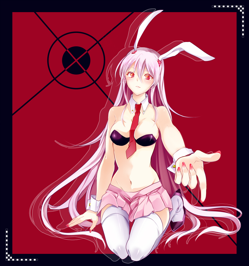 1girl, animal_ears, between_breasts, hair_between_eyes, hoozuki_shia, long_hair, miniskirt, necktie, necktie_between_breasts, pleated_skirt, purple_hair, rabbit_ears, red_eyes, reisen_udongein_inaba, seiza, sitting, skirt, solo, thigh-highs, touhou, very_long_hair, white_legwear