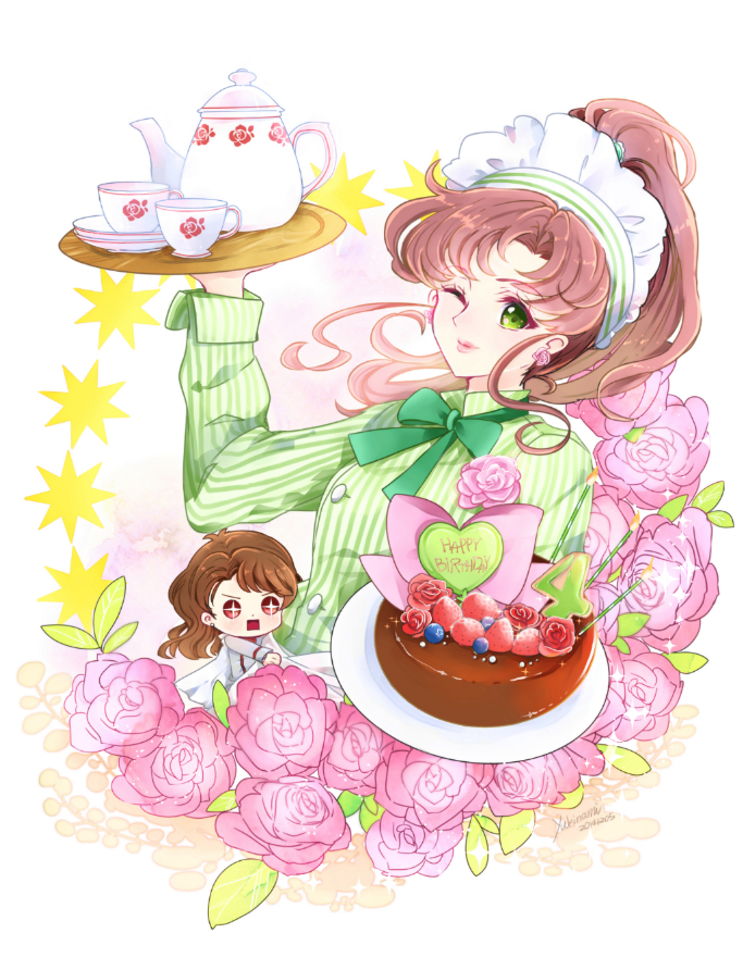 1girl, bishoujo_senshi_sailor_moon, bow, brown_hair, cake, chibi_inset, cup, earrings
