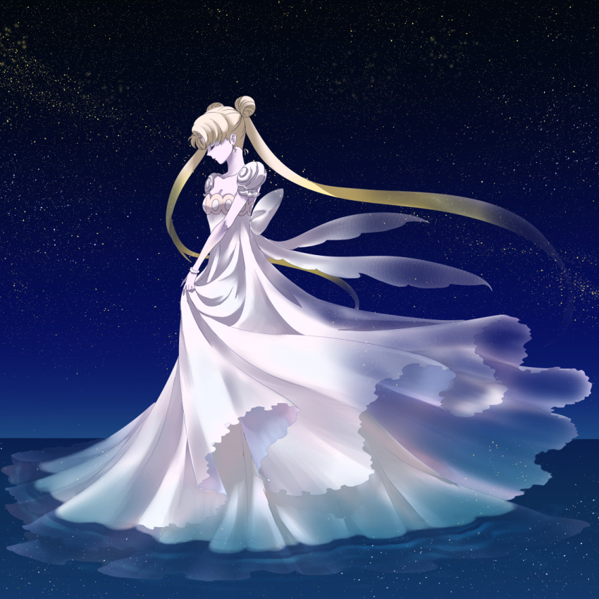 bead_bracelet, bishoujo_senshi_sailor_moon, blonde_hair, breasts, cleavage, closed_eyes, double_bun, dress, dress_lift, earrings, jewelry, long_dress, long_hair, nakakore, princess_serenity, ribbon, sky, star_(sky), starry_sky, tsukino_usagi, twintails, very_long_hair, white_dress