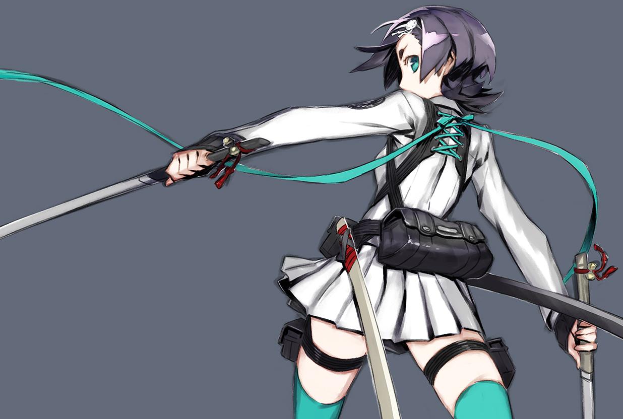 7th_dragon_(series), 7th_dragon_iii, black_hair, dual_wielding, green_eyes, miwa_shirou, samurai_(7th_dragon_iii), skirt