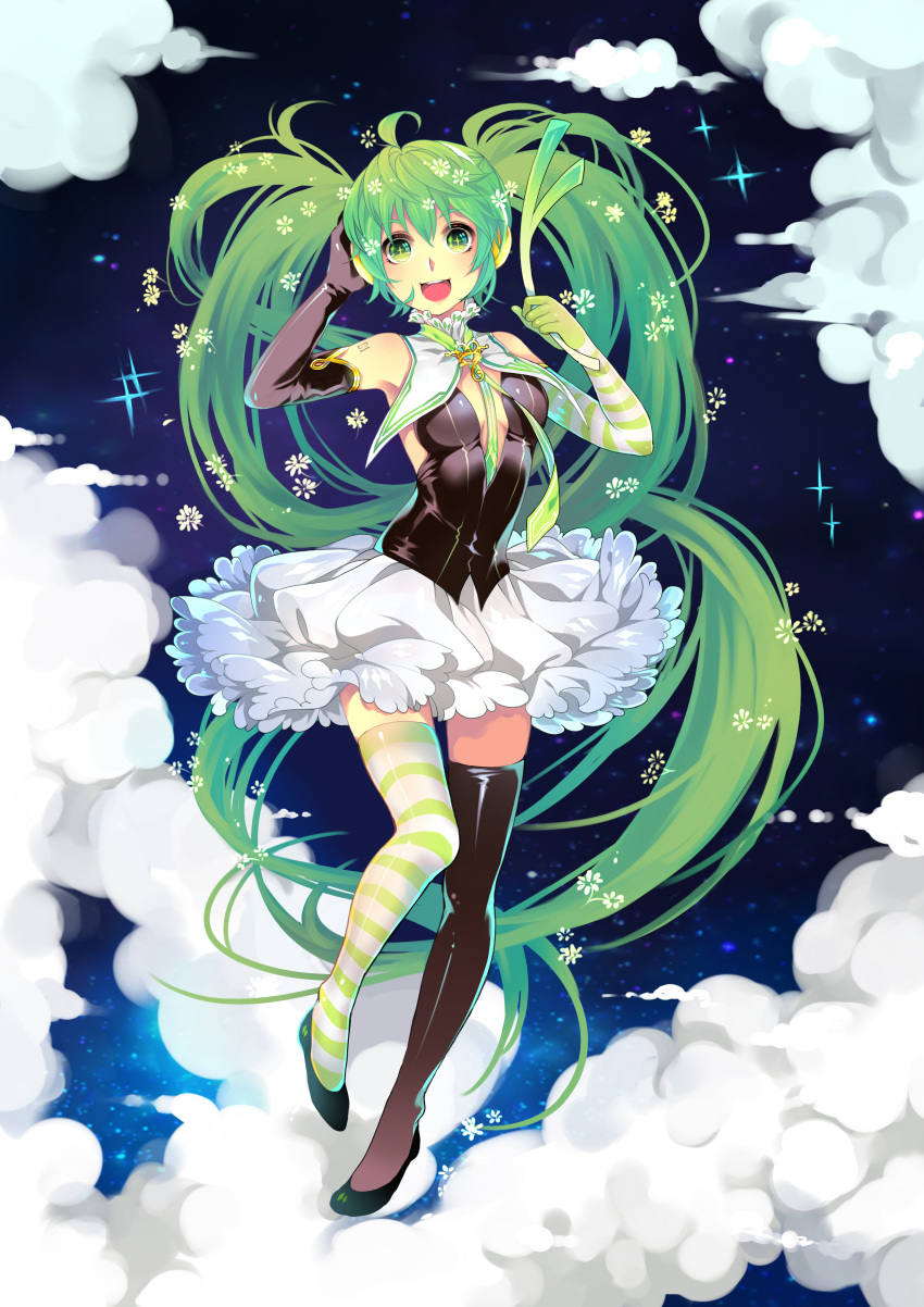 +_+, absurdres, asymmetrical_clothes, asymmetrical_legwear, breasts, cao_hong_anh, clouds, detached_sleeves