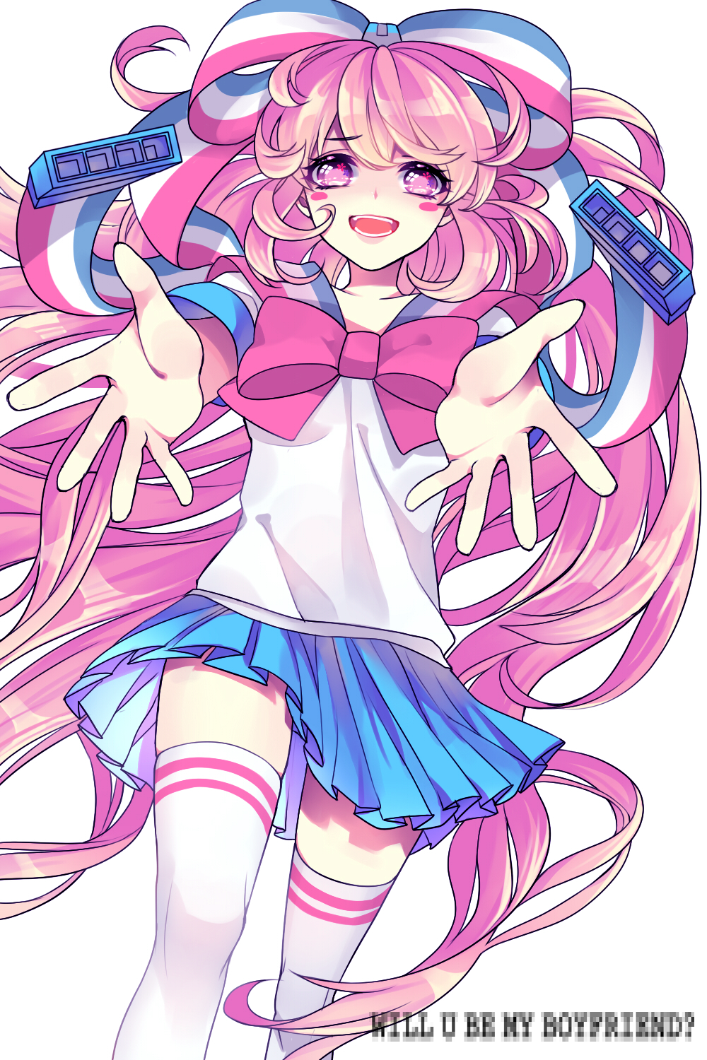 blush, cao_hong_anh, giffany, gravity_falls, hair_ribbon, highres, miniskirt, pink_eyes, pink_hair, pleated_skirt, reaching_out, ribbon, ribbon_cable, skirt, thigh-highs
