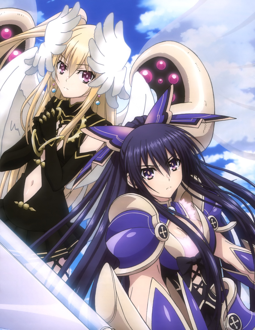2girls, absurdres, armor, blonde_hair, blue_hair, clouds, date_a_live, feathers