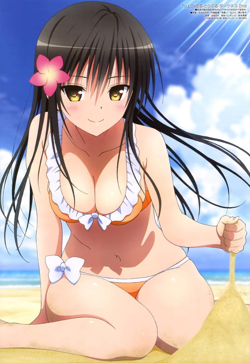 1girl, absurdres, beach, bikini, black_hair, breasts, brown_eyes, cleavage