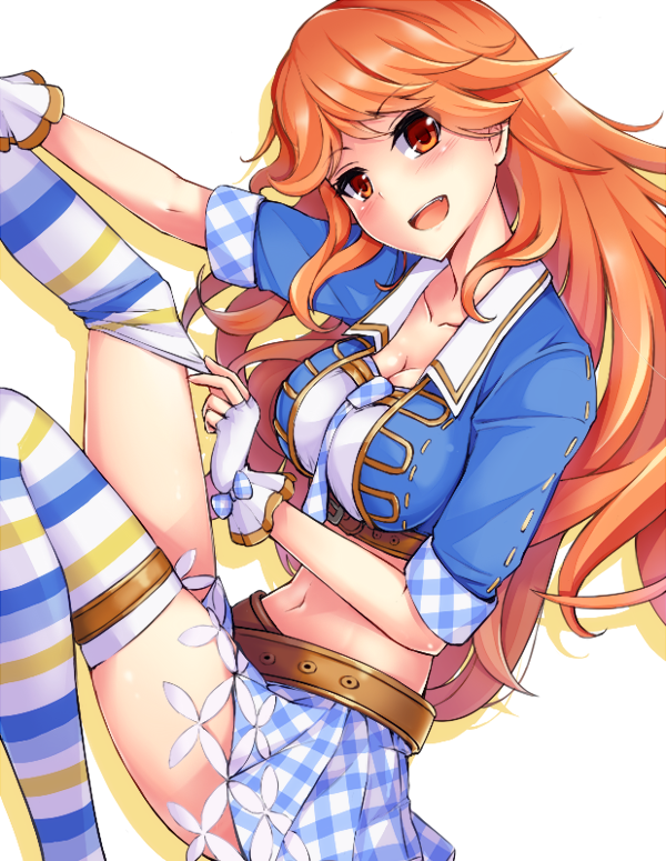 adjusting_clothes, adjusting_legwear, alternate_costume, belt, brown_eyes, brown_hair, eld_pld, fang