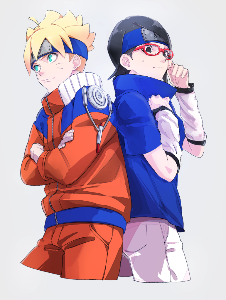 1boy, 1girl, arm_warmers, back-to-back, black_eyes, black_hair, blonde_hair, blue_eyes