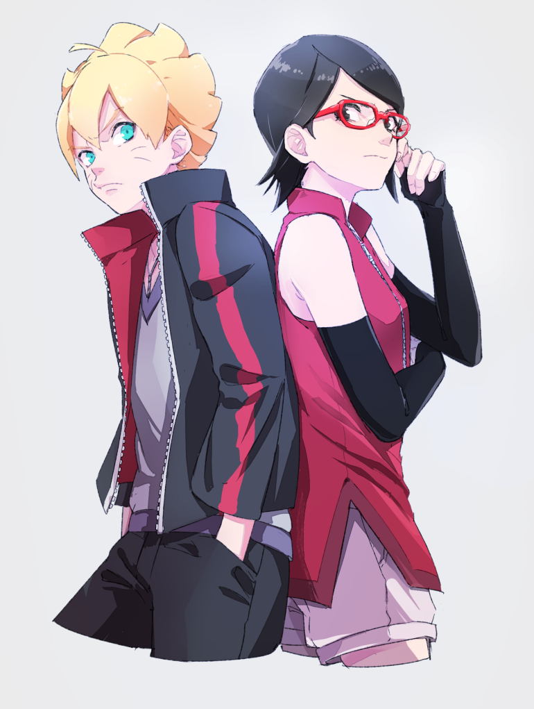 1boy, 1girl, back-to-back, black_eyes, black_hair, blonde_hair, blue_eyes, elbow_gloves, fingerless_gloves, frown, glasses, gloves, hands_in_pockets, jacket, naruto, red-framed_glasses, shigegigi, short_hair, uchiha_sarada, uzumaki_boruto