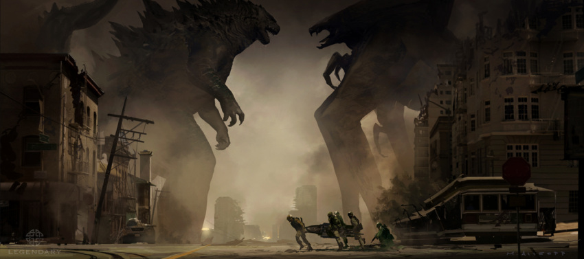 battle, building, carrying, city, godzilla, godzilla_(series), gun, helmet