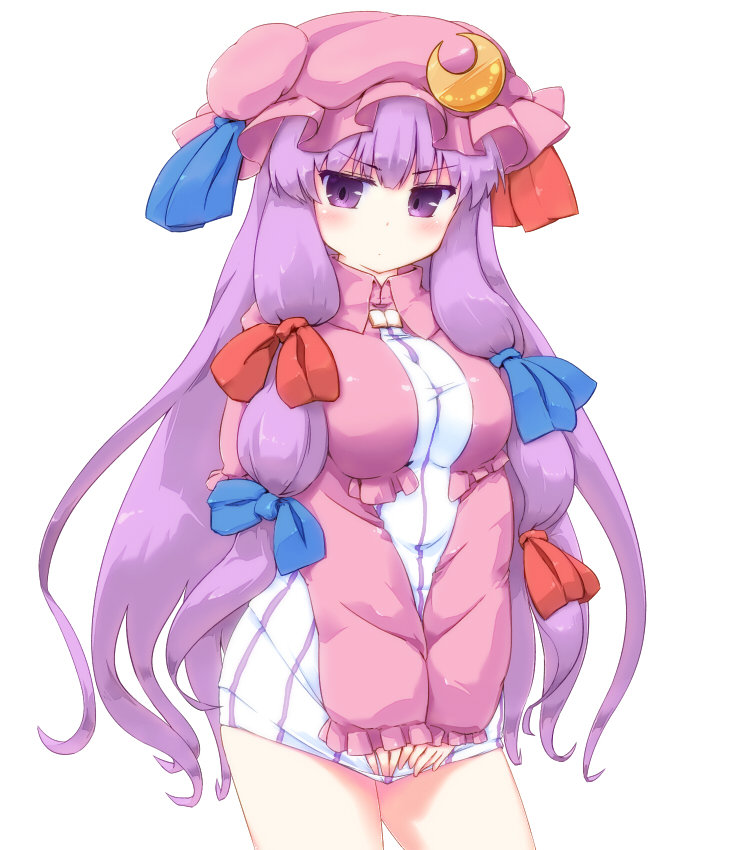 1girl, blush, coo, crescent, hat, long_hair, patchouli_knowledge, purple_hair