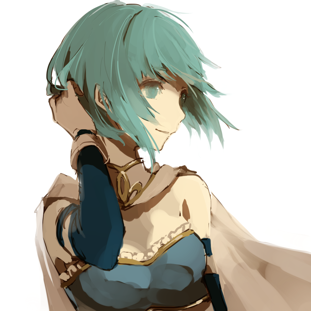 1girl, bare_shoulders, blue_eyes, blue_hair, cape, gloves, hair_ornament, hairclip