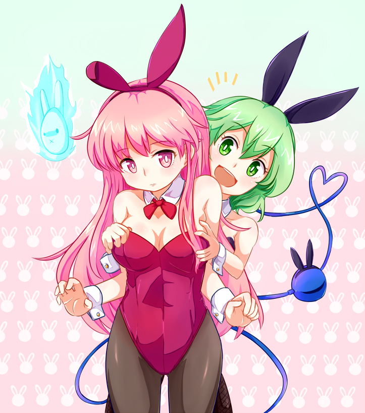 2girls, :d, ajia_(otya3039), animal_ears, breasts, bunnysuit, cleavage, eyeball