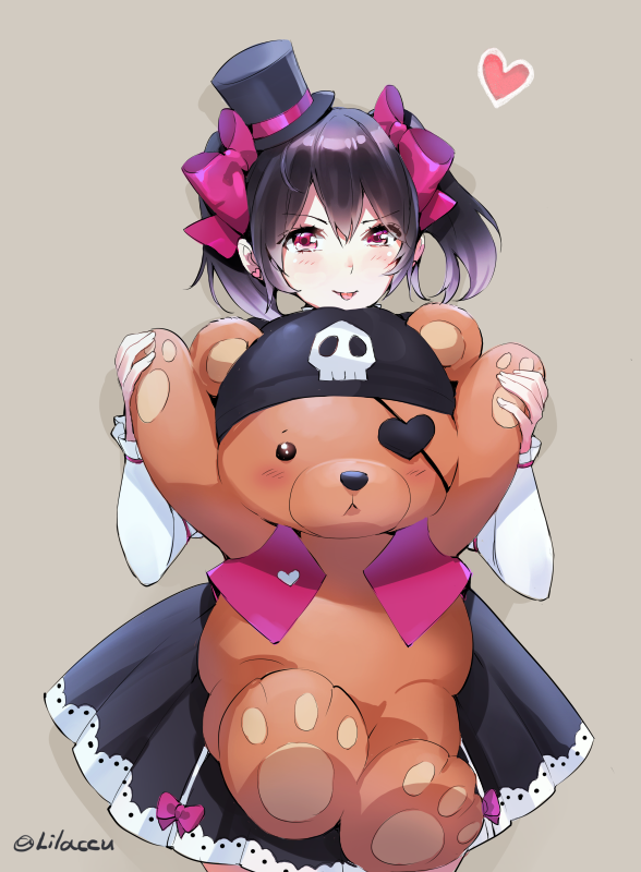 1girl, bandana, black_hair, blush, bow, bunny_shake, cowboy_shot, eyepatch