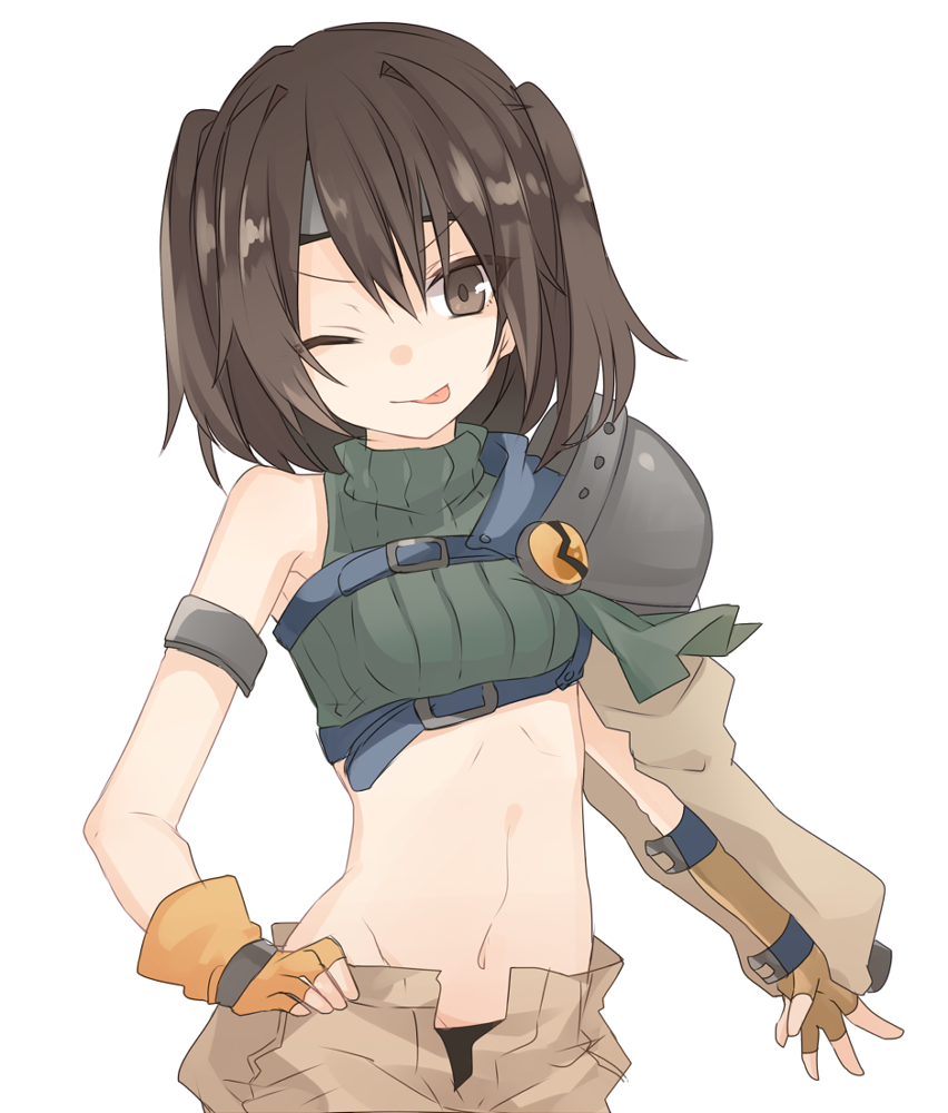 1girl, ;p, brown_eyes, brown_hair, cosplay, final_fantasy, final_fantasy_vii, headband