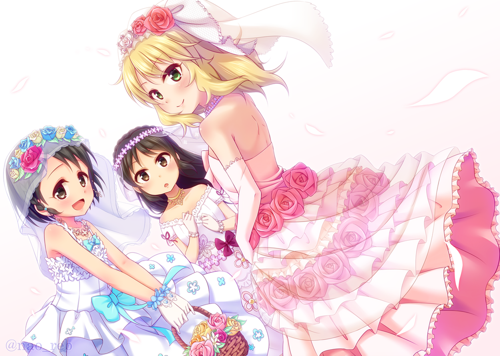 3girls, black_hair, blonde_hair, bridal_veil, brown_eyes, brown_hair, dress, elbow_gloves