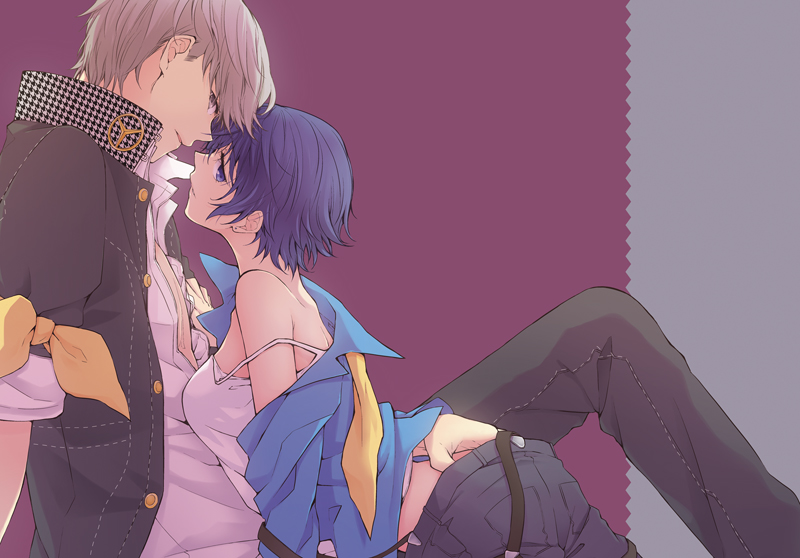 1boy, 1girl, blue_eyes, blue_hair, blush, couple, grey_eyes, grey_hair, hand_in_pants, hetero, incipient_kiss, iwatsuki, narukami_yuu, persona, persona_4, persona_4:_dancing_all_night, school_uniform, shirogane_naoto, short_hair, suspenders, undressing