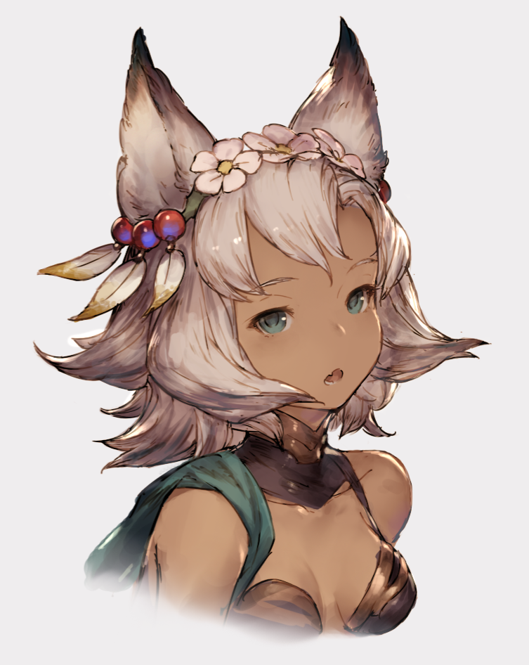 1girl, animal_ears, breasts, cat_ears, dark_skin, flower, granblue_fantasy, green_eyes, hair_flower, hair_ornament, junwool, looking_at_viewer, meruu_(granblue_fantasy), open_mouth, short_hair, silver_hair, simple_background, sketch, small_breasts, solo, upper_body