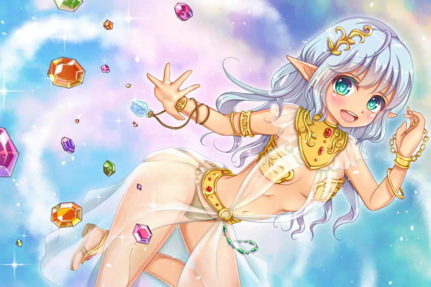 1girl, bikini, blue_eyes, blue_hair, blush, bracelet, dancer, elf