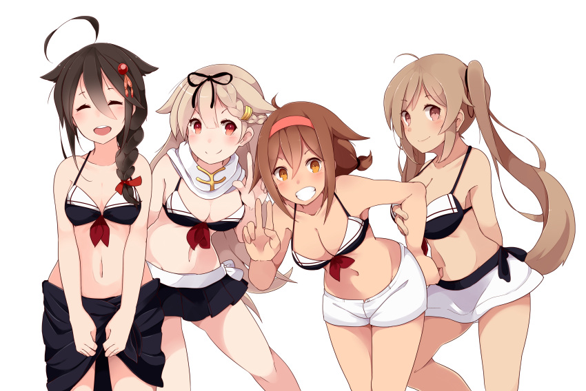 4girls, absurdres, ahoge, bikini_top, black_hair, blonde_hair, braid, brown_hair, hair_flaps, hair_ornament, hair_ribbon, hairband, hairclip, highres, kantai_collection, long_hair, makiya_1919, multiple_girls, murasame_(kantai_collection), red_eyes, ribbon, shigure_(kantai_collection), shiratsuyu_(kantai_collection), single_braid, smile, swimsuit, twintails, yuudachi_(kantai_collection)