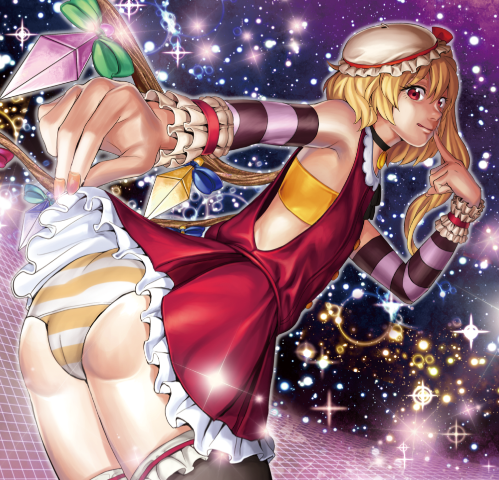 1girl, adapted_costume, alternate_costume, ass, bent_over, black_legwear, blonde_hair, bow
