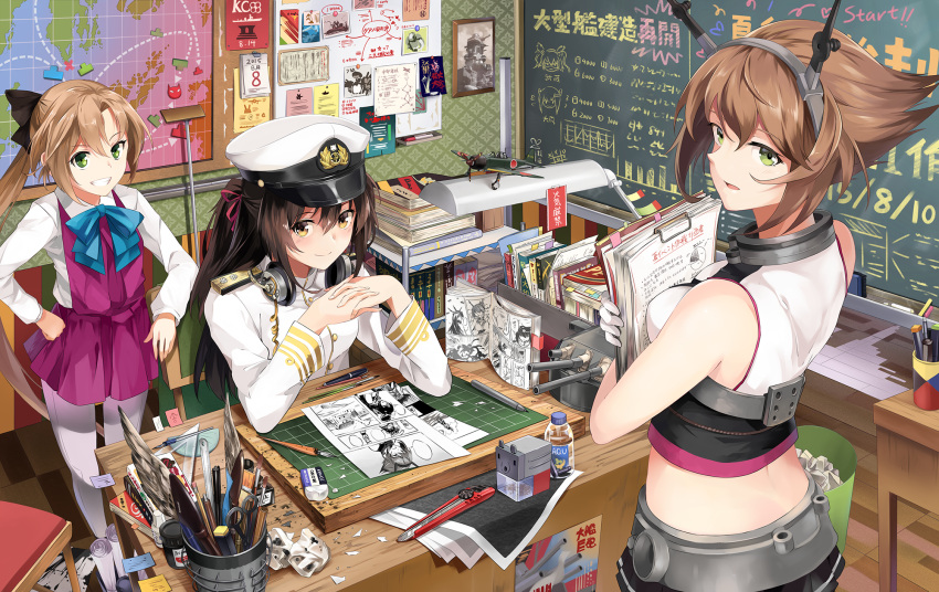 akigumo_(kantai_collection), bare_shoulders, brown_hair, female_admiral_(kantai_collection), gloves, green_eyes, hair_ornament, hair_ribbon