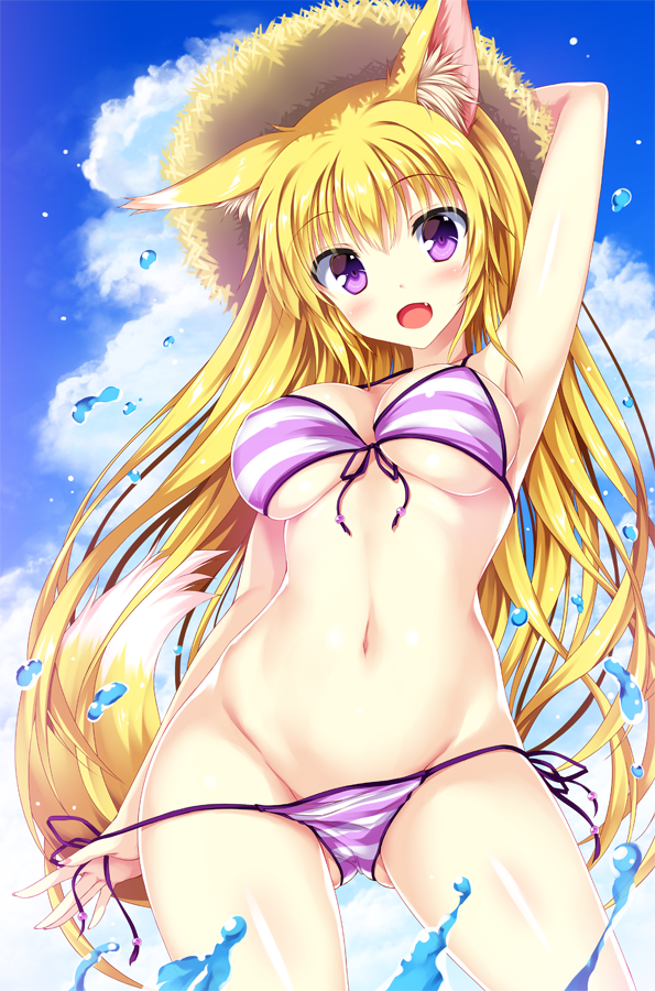 1girl, animal_ears, arm_up, blonde_hair, breasts, fang, fox_ears, fox_tail