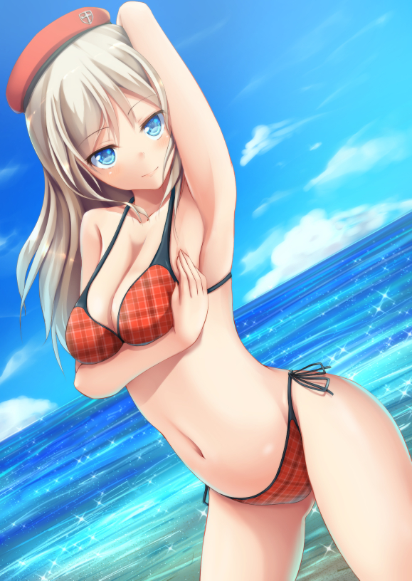 1girl, alisa_ilinichina_amiella, armpits, beret, bikini, blonde_hair, blue_eyes, blue_sky, breast_rest, breasts, cleavage, clouds, dutch_angle, glint, god_eater, hand_behind_head, hand_on_own_chest, hat, horizon, kirimori_toya, light_smile, long_hair, looking_at_viewer, navel, ocean, plaid, plaid_bikini, side-tie_bikini, sky, solo, swimsuit