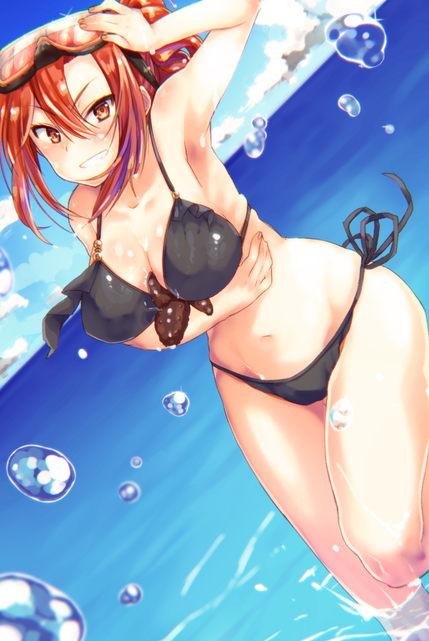 1girl, aozaki_touko, bikini, grin, highres, kamehima, kara_no_kyoukai, long_hair