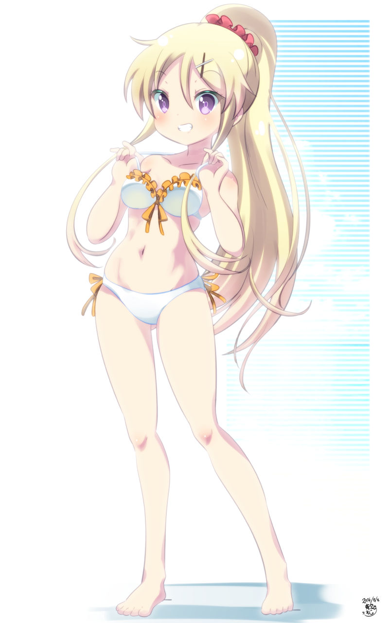 1girl, aosora_neko, barefoot, bikini, blonde_hair, grin, highres, kin-iro_mosaic, kujou_karen, long_hair, ponytail, smile, standing, swimsuit, violet_eyes
