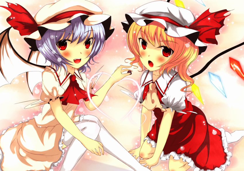bad_id, bat_wings, blonde_hair, flandre_scarlet, hat, lavender_hair, moccy, multiple_girls