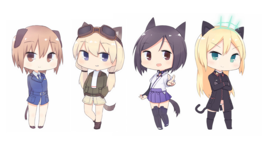animal_ears, aqua_eyes, black_hair, blonde_hair, blue_necktie, brown_eyes, carla_j_luksic, cat_ears