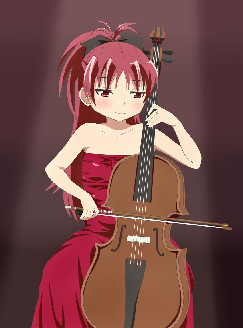 1girl, blush, bow_(instrument), cello, dress, hair_ribbon, instrument, long_hair